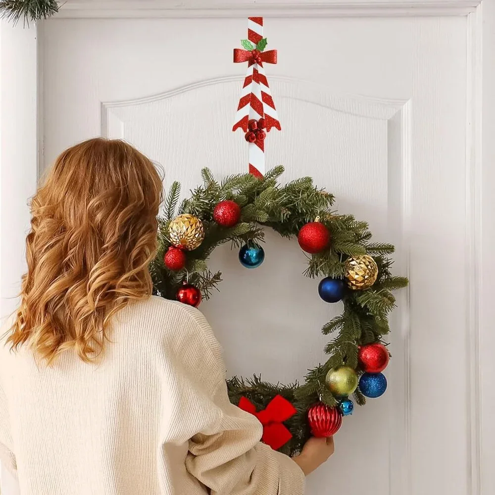 Candy Cane Wreath Hooks Set - Stylish Over The Door Wreath Hangers for Christmas